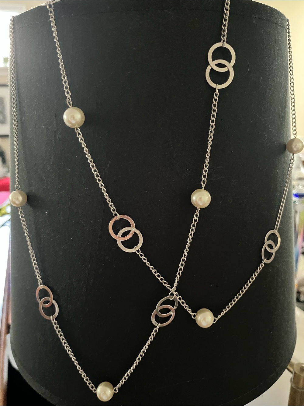 44” Silver-Tone Pearl & Interlocking Ring Necklace – Chanel-Inspired